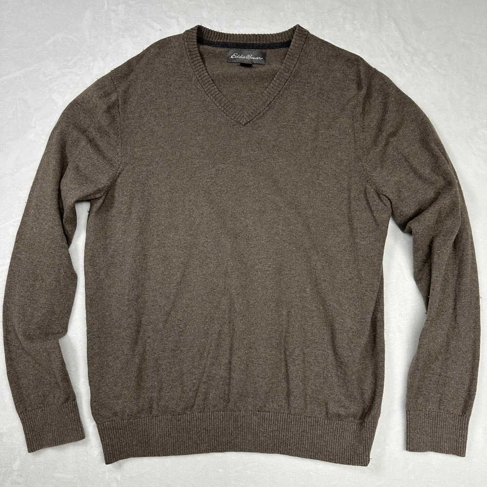 Eddie Bauer V Neck Sweater Mens L Brown Cotton Merino Wool Blend Pullover‎ - Picture 2 of 11